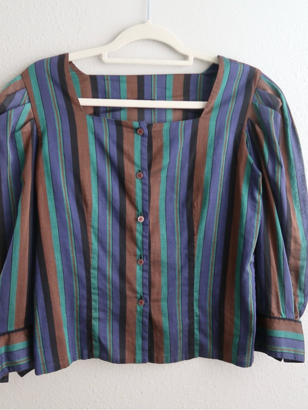 Striped Button-Front Women’s Top in Green, Blue & Brown